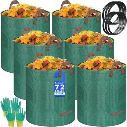Reusable Yard Waste Bags, 72 Gallon Lawn and Leaf Bags, 6 Pack Garden Weed Heavy Duty with 4 Handles Standable&Collapsible Outdoor Trash Bags, Camping Yard Recycling Bags with 2 Pair of Gloves