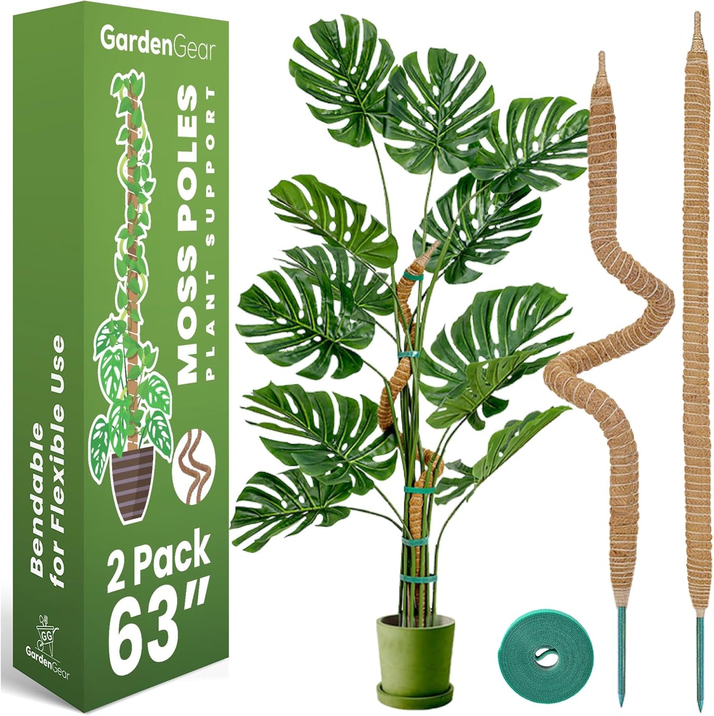 2 Pack 63 Inch Bendable Moss Pole Monstera Plant Support Stakes for Indoor Plants - Tall Moss Stick Trellis for Potted Climbers - Stem Support Accessories for Climbing Houseplants