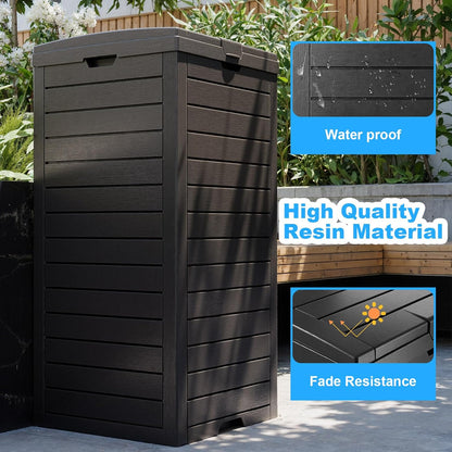 Outdoor Trash Can with Lid, Outdoor Trash Bin & Pull-Out Liquid Drawer, Dual Lid Closure Design, Waterproof Resin Garbage Can Container for Patio, Backyard, Deck (Black, 31 Gallon)