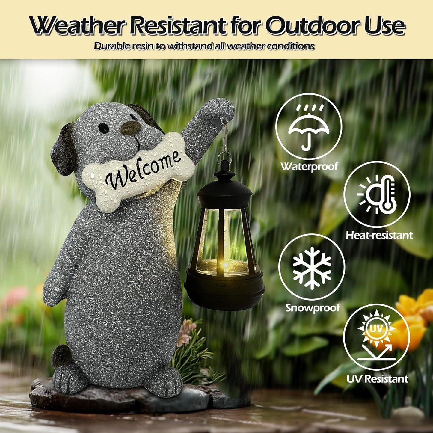 Dog Garden Statue with Solar Lantern, Cute Dog Figurine Light Decor with Welcome Sign for Outdoor Patio Balcony Yard Art, Warming Unique Resin Statue for Mom Grandma Women