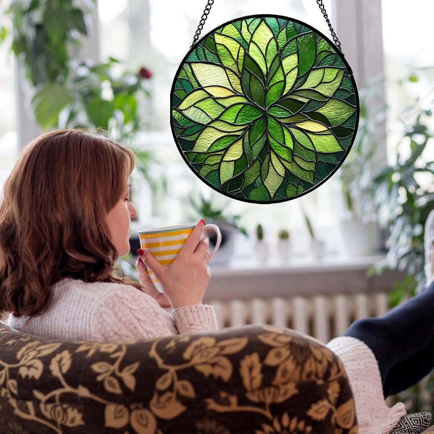 Stained Glass Window Hanging - Green Gradient Flowers Suncatcher for Doors Window Home Plant Sun Catchers Decor Christmas Mother's Day Birthday Gifts for Teacher Women Men Mom Nana 6.3 in