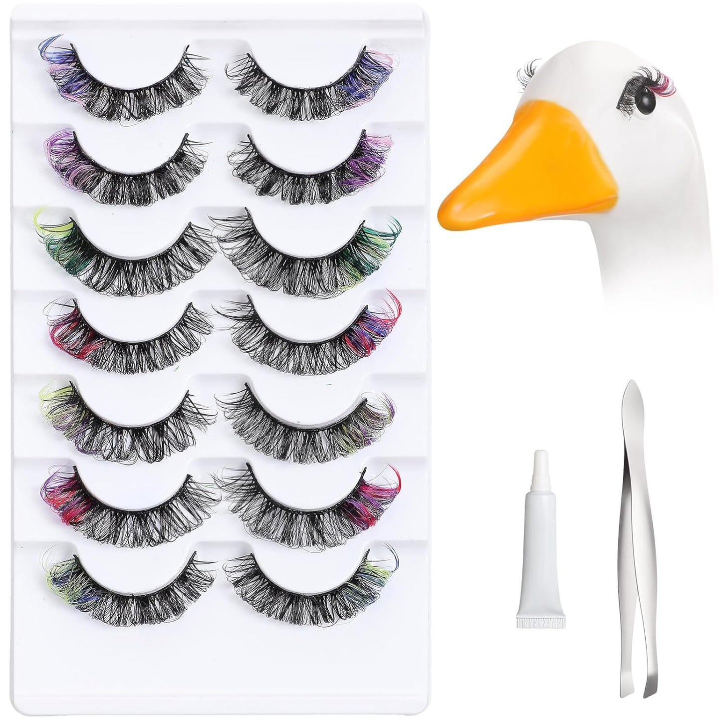 Geelin 7 Pcs Porch Goose Outfit Eyelash for 23/17'' Plastic Lawn Goose Statue Mink Fake Lashes with Color End 3D Salon Eyelashes Reusable for Lawn Patio Art Decoration