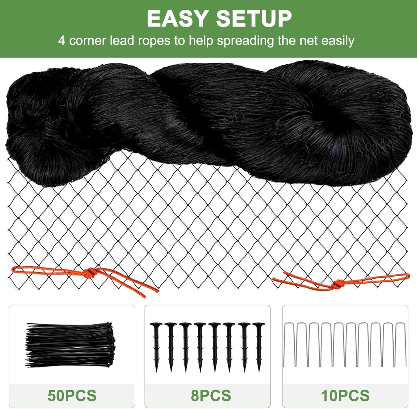 Bird Netting - Heavy Duty Nylon Net with 3/4' Mesh for Garden Protection, Chicken Coop and Orchard