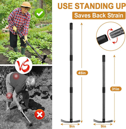 Garden Hoe Tool, 2-in-1 Heavy Duty Dual-Head Weeding Tool, 45" Adjustable Long Handle Cultivator for Weeding, Tilling, Lawn Yard Flower Bed Gardening Tool