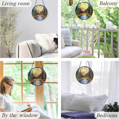 kdqua Mountain Suncatcher Stained Glass Window Hanging, Nature Sunset River Landscape Sun Catchers Indoor Window Glass Round Wall Decor, Mountain Wall Art Hanging Decorations Statues, 7.9x7.9in
