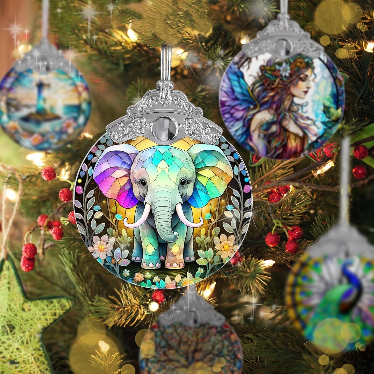 Stained Glass Suncatcher, Jocidea Elephant Ornament, Christmas Ornaments, Holidays Ornaments, Christmas Tree Decor, Elephant Decor for Home, Elephant Gifts