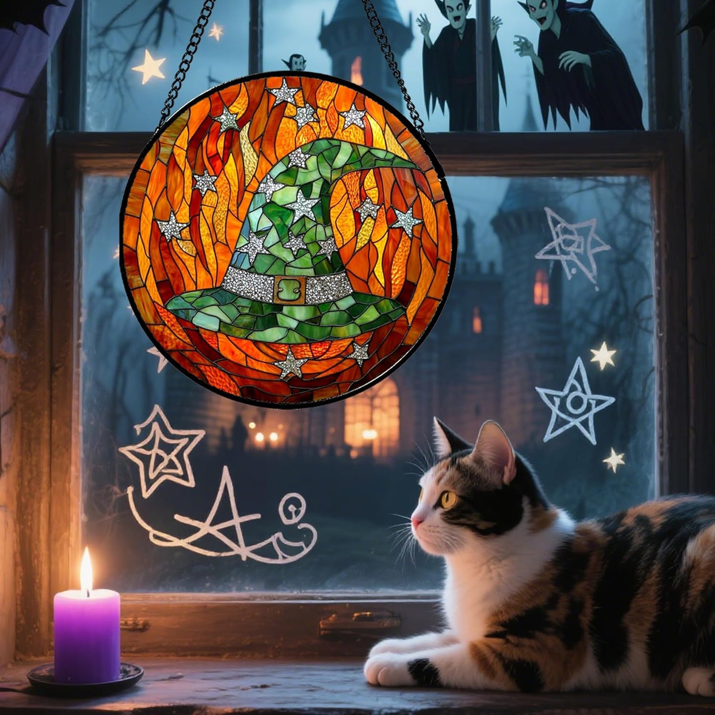 Stained Glass Window Hanging - Halloween Decorations Witch Hat Suncatcher for Doors Garden Indoor Spooky Funny Green Sun Catchers Gothic Decor Horror Gifts for Women Men Friend 11.8 in