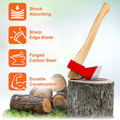 15” Chopping Axe with Sheath, Small Camping Hatchet Hand Axe for Wood Splitting, Outdoor Bushcraft Axe Tools for Hiking Gardening with Anti-Slip Handle