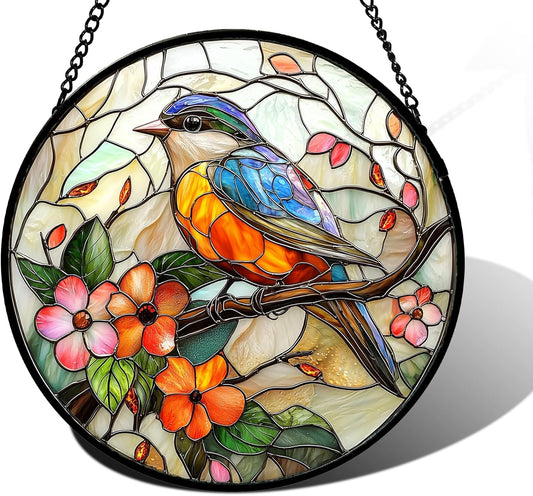 Stained Glass Window Hanging, Blue Bird Pink Flower Suncatcher Diamond Glass Panel Bird Sun