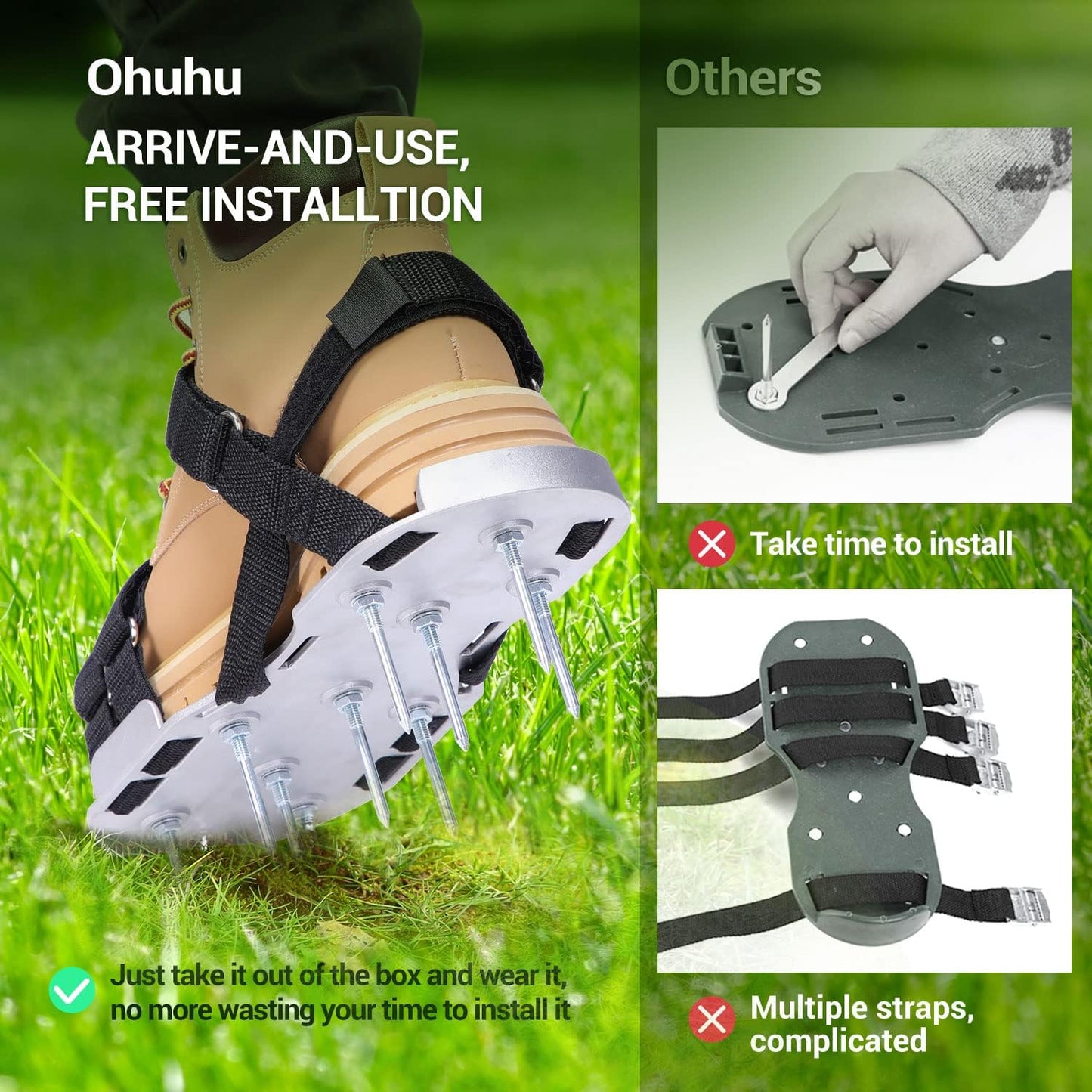 Ohuhu Metal Lawn Aerator Shoes, Upgraded Aluminum Aerating Shoe with 2.2" Durable Spikes, Free-Installation Spiked Sandals with Stainless Steel Shovel for Yard Patio Garden Grass