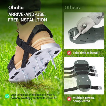 Ohuhu Metal Lawn Aerator Shoes, Upgraded Aluminum Aerating Shoe with 2.2" Durable Spikes, Free-Installation Spiked Sandals with Stainless Steel Shovel for Yard Patio Garden Grass