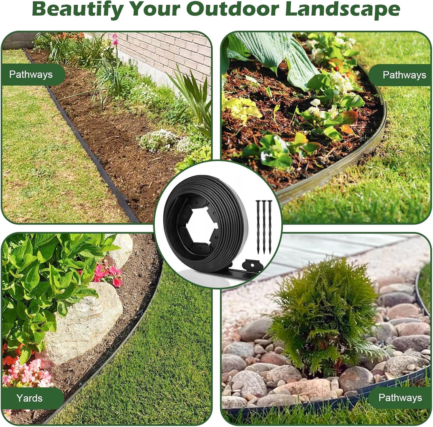 4 in Tall Landscape Edging, 60FT Plastic Garden Border Edging with 90 Anchoring Spikes, Landscape Edging Kit for Garden, Flower Beds and Lawn (Black, 4In x 60FT)