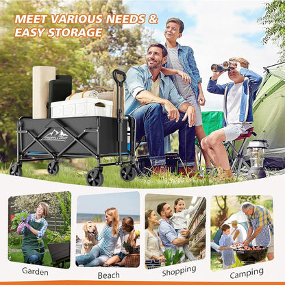 Collapsible Wagon Cart with 5" Removable 360° Swivel Wheels & Handle Adjustable, 220lbs Capacity， Waterproof 600D Oxford Fabric & MDF Base, All-Terrain Portable Utility Cart for Shopping, Garden， Pet