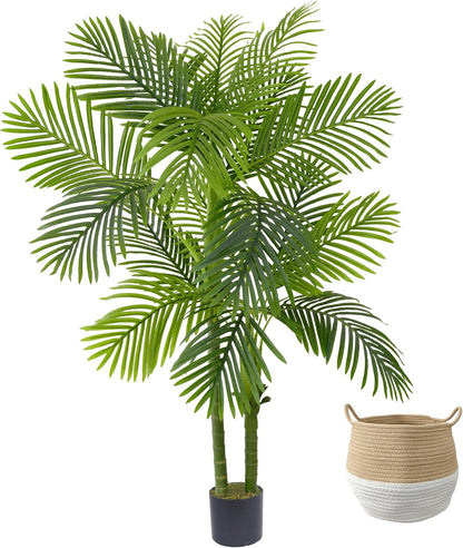 Artificial Palm Tree, 5ft Golden Cane Faux Palm Plant with Basket, Large Phoenix Palm UV Resistant Fake Plants for Indoor Outdoor Home Garden Patio Office Décor