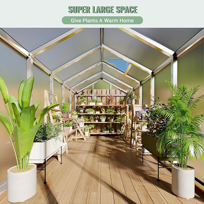 6x10 FT Greenhouse, Easy Assembly Aluminum Polycarbonate Greenhouses for Outdoors with Roof Vent, Large Aluminum Walk-in Greenhouse for Sunroom Patio, Backyard, Garden, Sliding Lockable Door, Silver