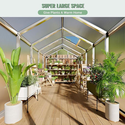 6x10 FT Greenhouse, Easy Assembly Aluminum Polycarbonate Greenhouses for Outdoors with Roof Vent, Large Aluminum Walk-in Greenhouse for Sunroom Patio, Backyard, Garden, Sliding Lockable Door, Silver