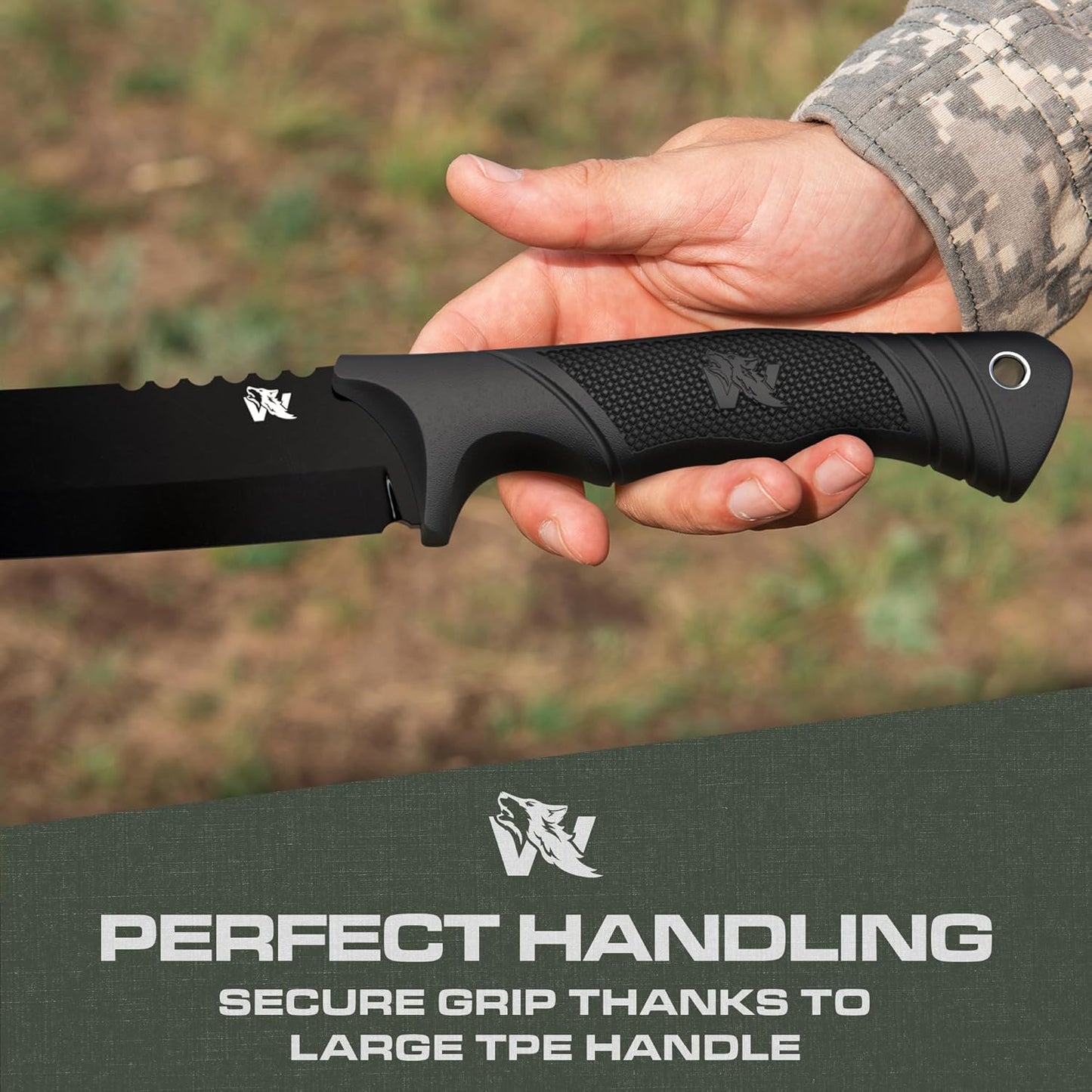 ODENWOLF W Machete - Survival Machete Full Tang with Sheath - Strong D2 Steel Knife Machete for Cutting Trees, for Yard Work, and for Bushcrafting and Big Tactical Knife with TPE-Handle