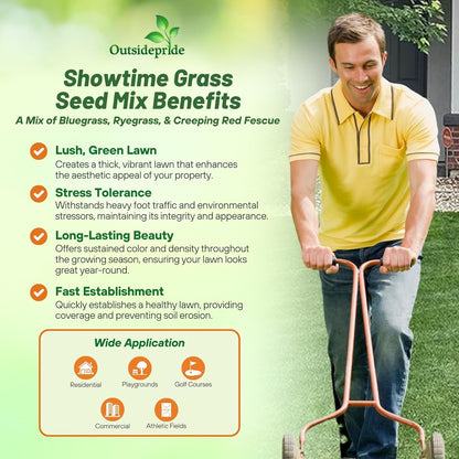 Outsidepride Showtime Perennial Lawn Grass Seed Mix - 25 lbs. Premium Blend of Creeping Red Fescue, Rye Grass & Kentucky Bluegrass Seed for Sports Fields, OptiGrowth Coated for Better Establishment