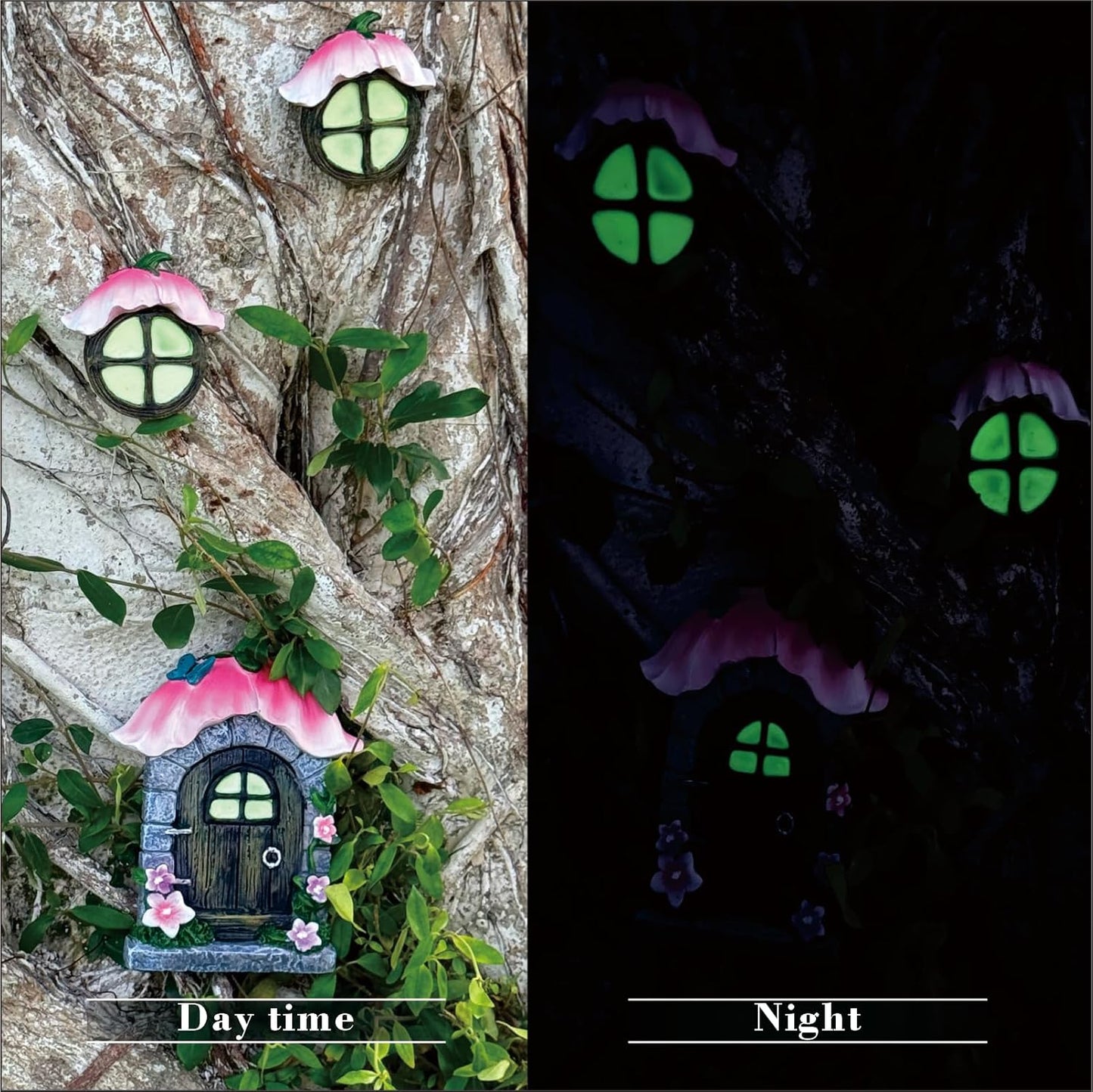 Fairy Garden Door and Windows for Trees,Resin Fairy House Kit,Glowing in The Dark,Miniature Accessories for Tree Stump, Outdoor Yard, Lawn, and Garden Decor.