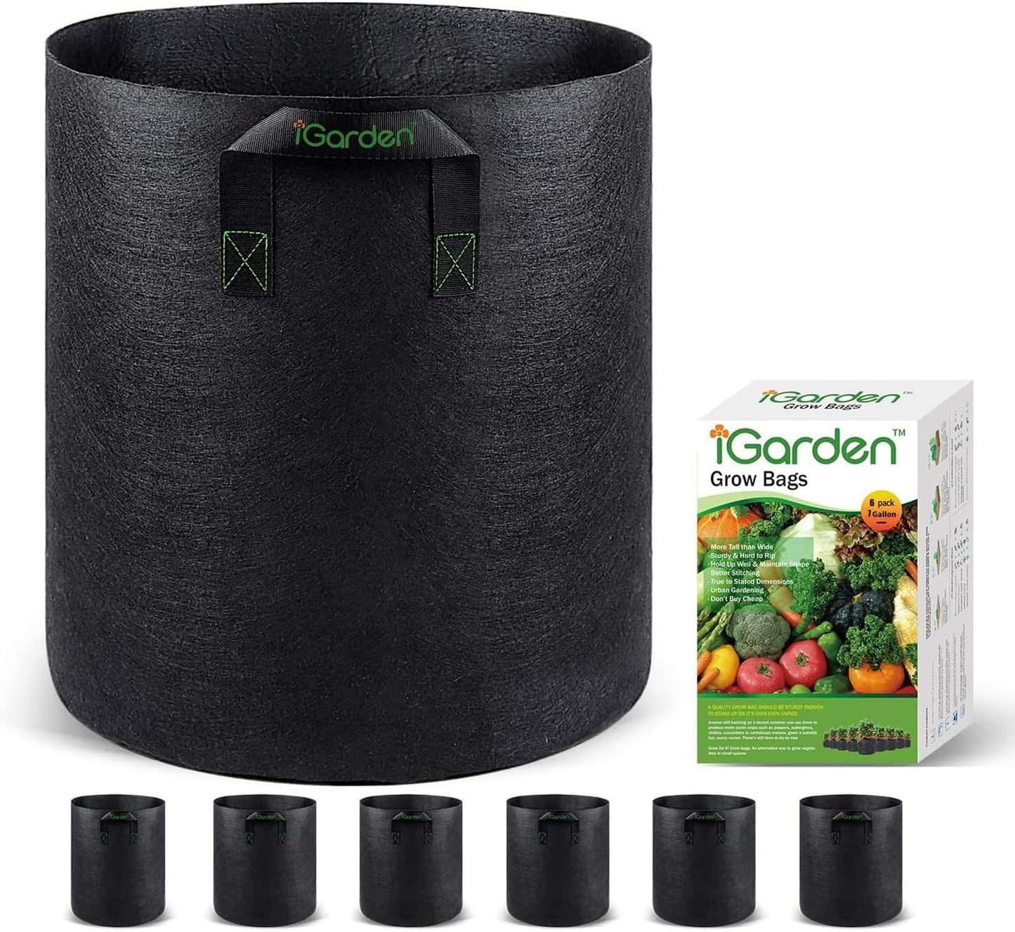 Grow Bags Tall, 7 Gallon Grow Pots 6 Pack with Handles, Heavy Duty 280G Thickened Nonwoven Fabric Plant Bag for Vegetables, Black