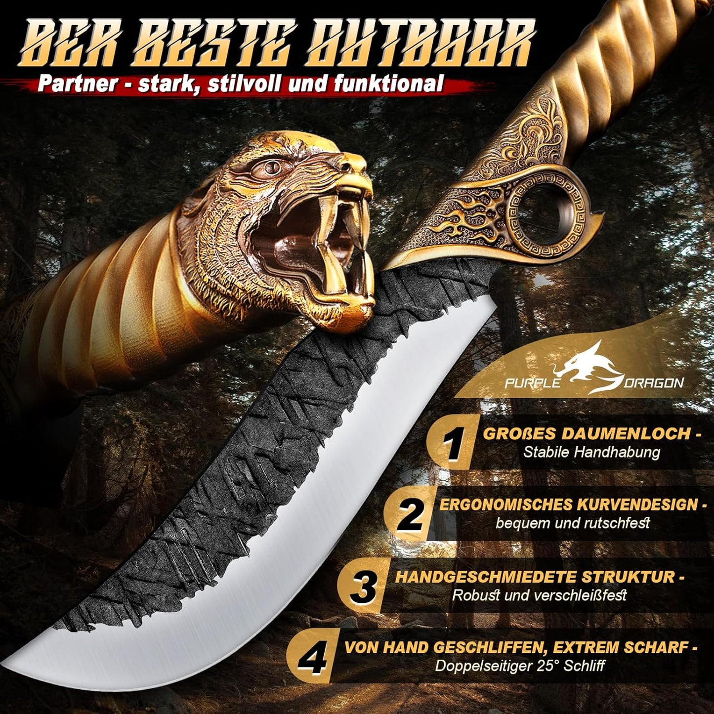 Purple Dragon Heavy Duty Machete for Cutting Trees – Japanese Forged Survival Machete with Tiger Head Handle, Gardening Machetes with Leather Sheath, Yard Work & Outdoor Camping Machetes