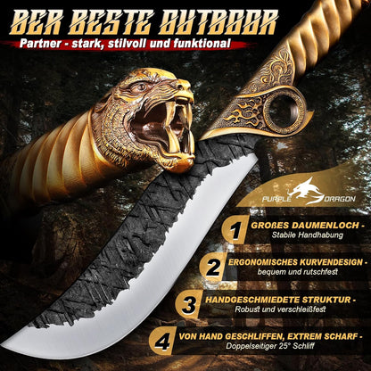 Purple Dragon Heavy Duty Machete for Cutting Trees – Japanese Forged Survival Machete with Tiger Head Handle, Gardening Machetes with Leather Sheath, Yard Work & Outdoor Camping Machetes