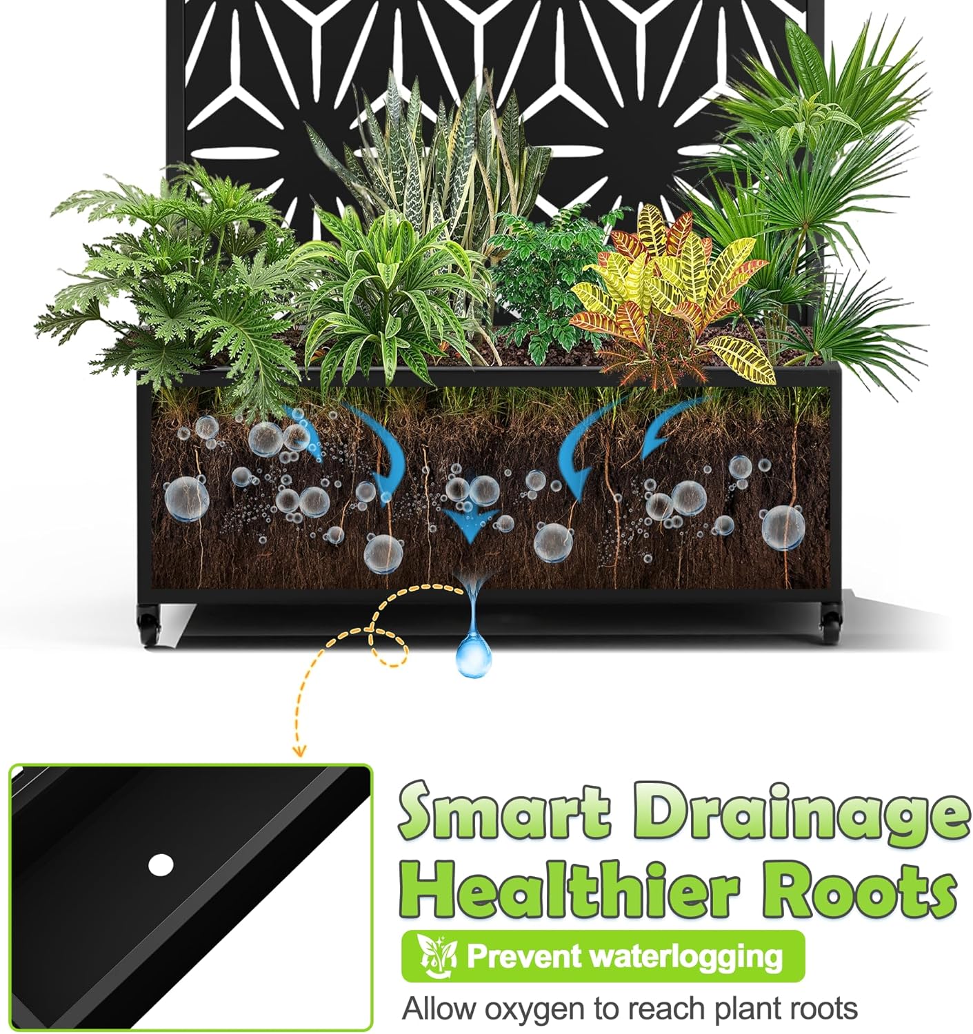 15.7"×70.9"×35.4" Metal Raised Garden Bed with Trellis and Wheels - Tall Trellis Planter Box for Climbing Plants, Vegetables & Vines - Outdoor Privacy Planters for Patio (Black-Star)