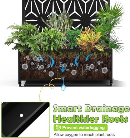 15.7"×70.9"×35.4" Metal Raised Garden Bed with Trellis and Wheels - Tall Trellis Planter Box for Climbing Plants, Vegetables & Vines - Outdoor Privacy Planters for Patio (Black-Star)