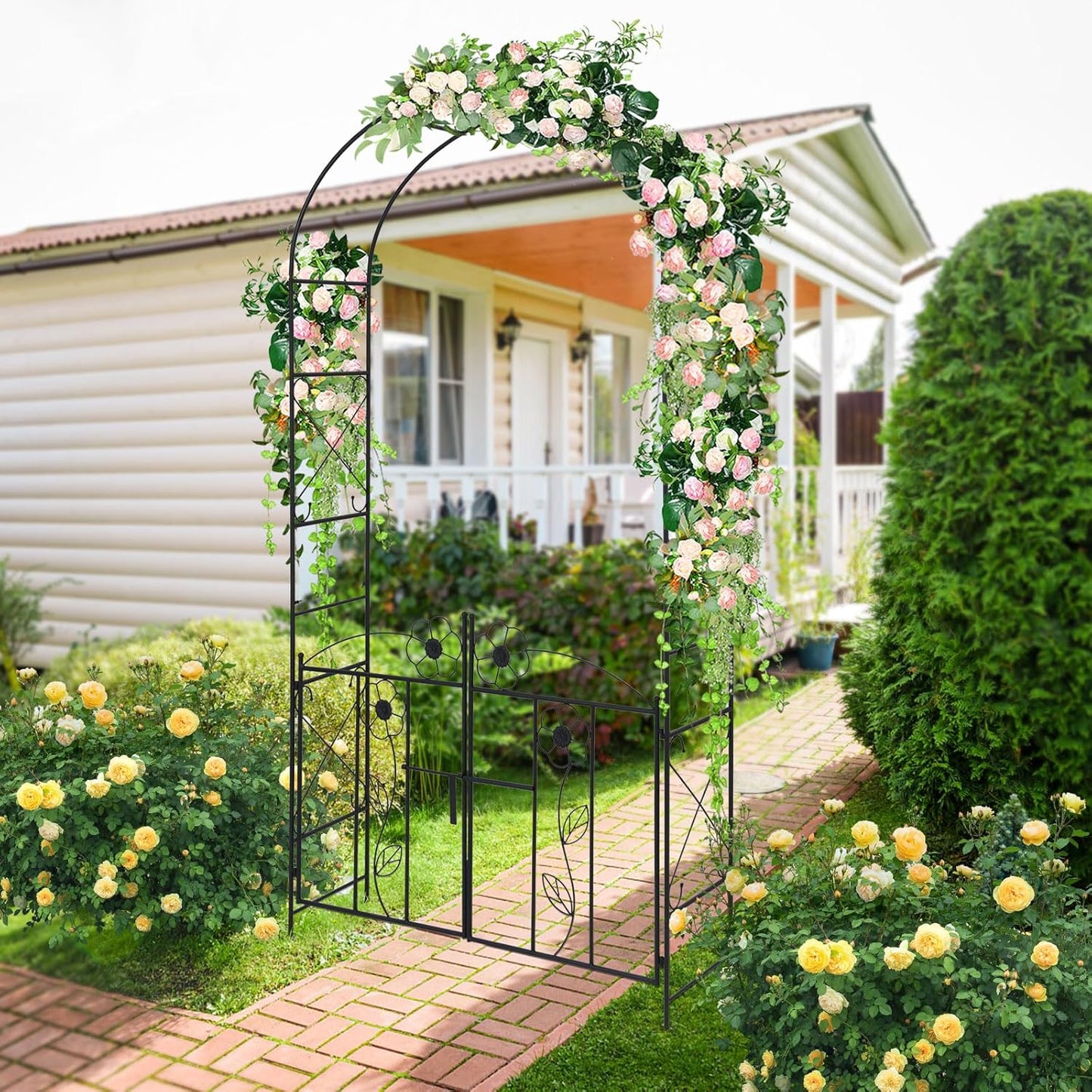 Moccha Garden Arbor, 90" Metal Arbor Trellis for Climbing Plants, Rose, Ivy, Outdoor Archway Pergola with Lockable Gate, 4 Ground Stakes, Garden Arch for Lawn Patio Bridal Party Pathway Ceremony