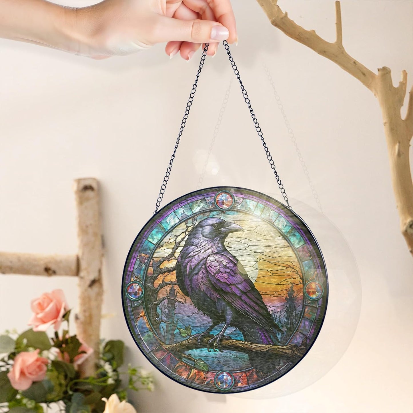 FLAGWIX Halloween Decorations Indoor Outdoor - The Crow Raven Stained Glass Window Hanging 8in - Black Crow Suncatchers for Gothic Home Decor, Halloween Fall Christmas Decor Gifts for Men Women