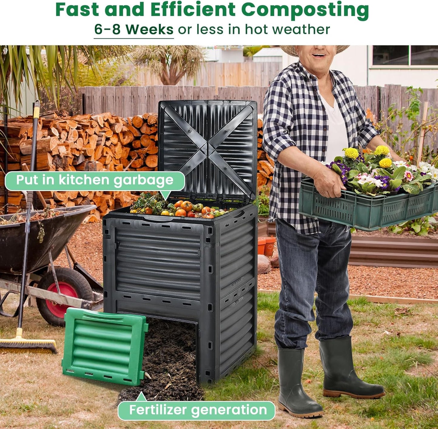 Compost Bin Outdoor, 80 Gallon Garden Compost Bin with Top Lid & Bottom Door, Aerating Outdoor Compost Box Waste Container Barrel Fertilizer for Garden & Yard (Black & Green)