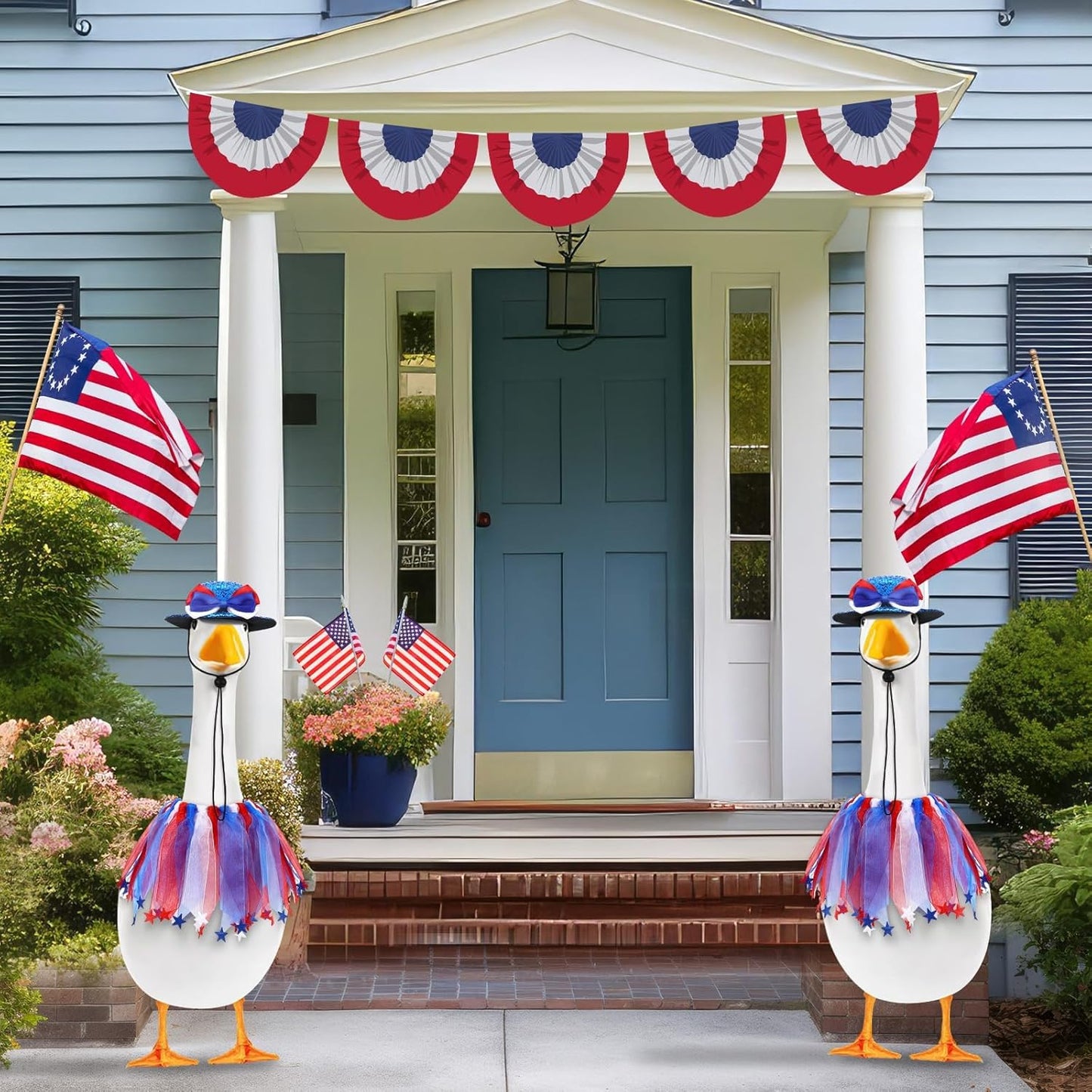 Independence Day Goose Outfit, 2 Pcs Set Hat and Tulle Ballet Skirt for 23" 17" Cement Statue Lawn Goose Clothes Costumes 4th of July Goose Outfit for Party Outdoor Patio Yard Lawn Decor