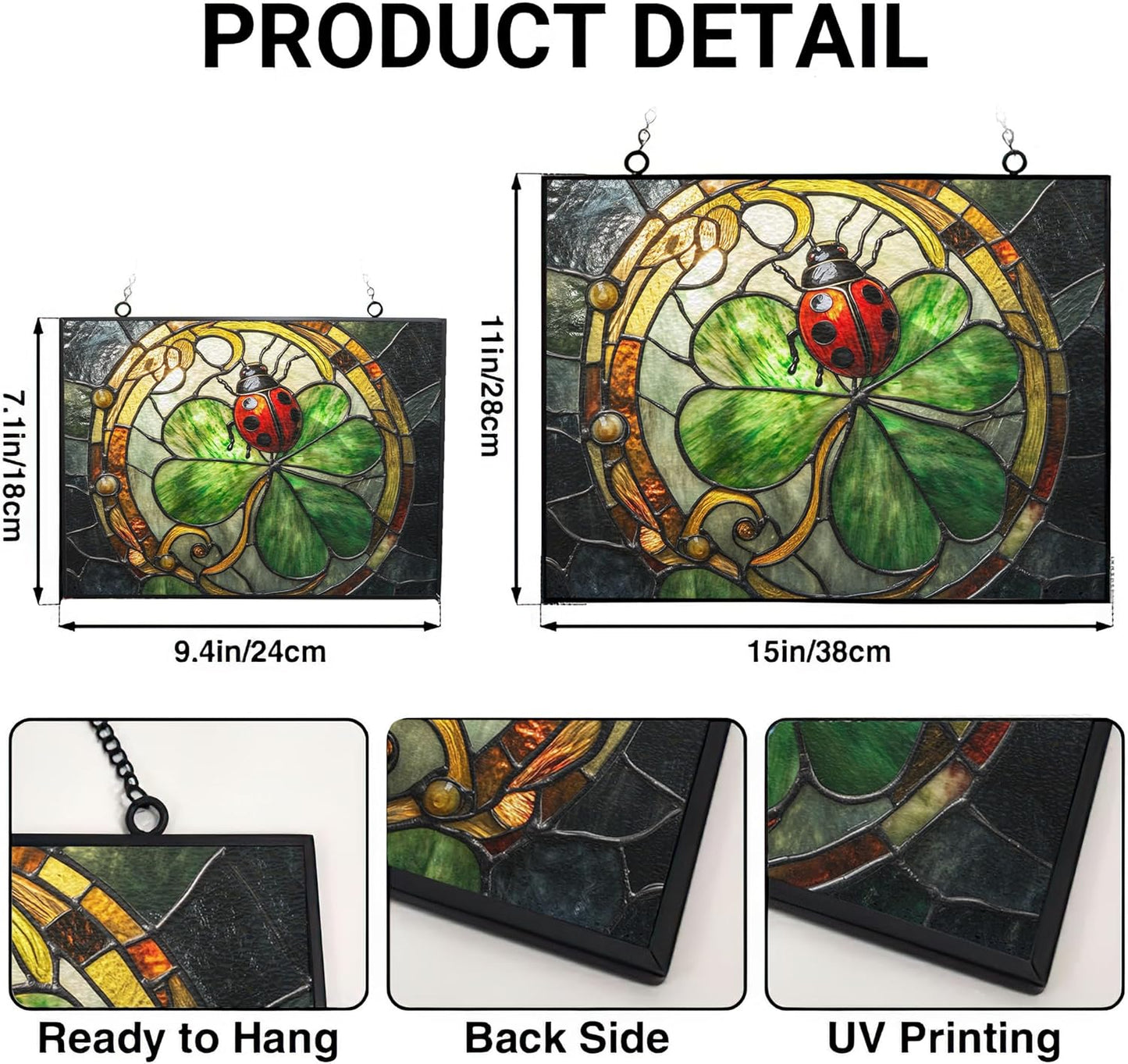 Personalized Rectangle Art Nouveau Ladybug On Clover Suncatcher Stained Glass Window Hangings Sun Catchers Colorful Ornament Gifts for Women Mom Wife Halloween Christmas Housewarming