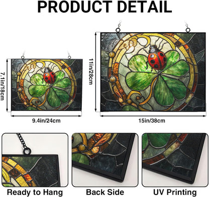 Personalized Rectangle Art Nouveau Ladybug On Clover Suncatcher Stained Glass Window Hangings Sun Catchers Colorful Ornament Gifts for Women Mom Wife Halloween Christmas Housewarming