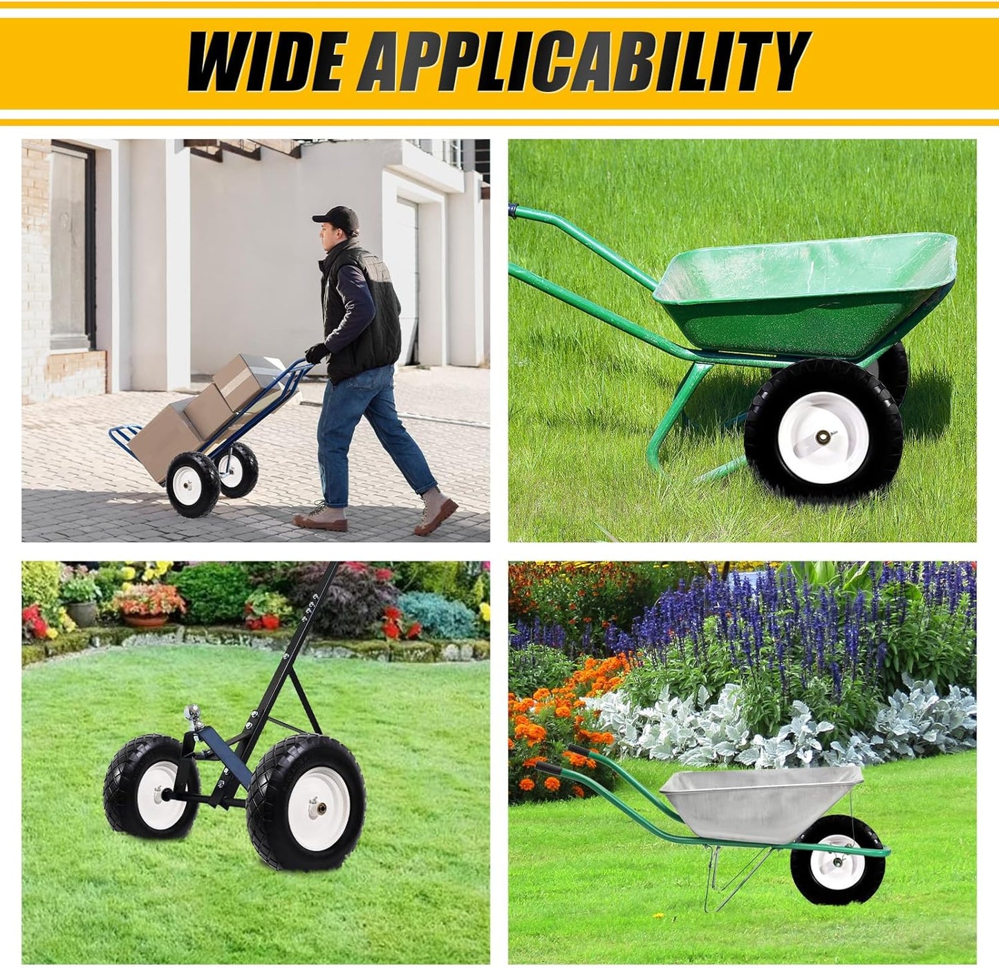 MZREXN 4.80/4.00-8" Flat Free Tire and Wheel, 16" Universal Solid Wheelbarrow Tires, with 5/8" & 3/4" Bearings, 3" Centered Hub for Hand Truck Garden Trailers Utility Cart Yard Wagon (2-PACK, White)