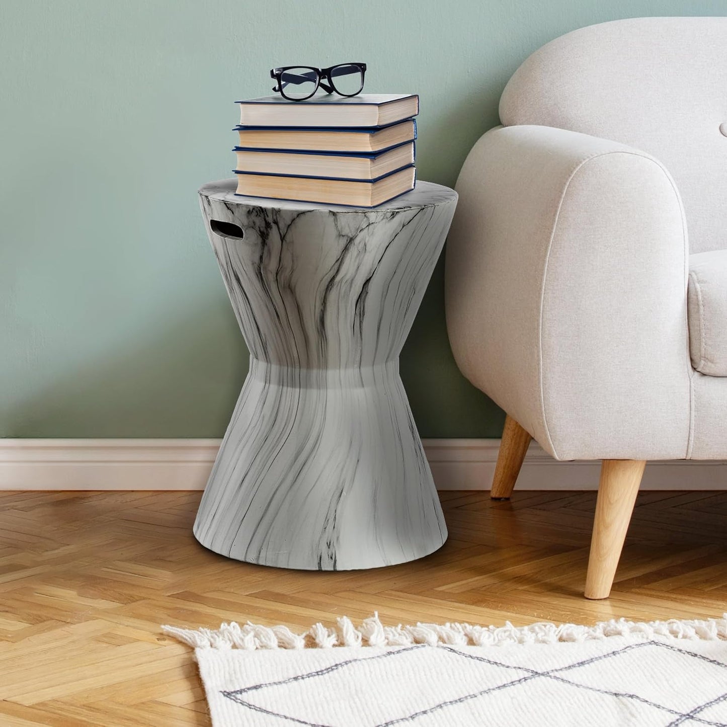 JONATHAN Y TBL1020A African Drum 17.3" White Marble Finish Ceramic Indoor/Outdoor Garden Stool, Contemporary, Midcentury, Modern, Scandinavian, Side Table, Plant Stand,Spill-Proof, White Marble Finish