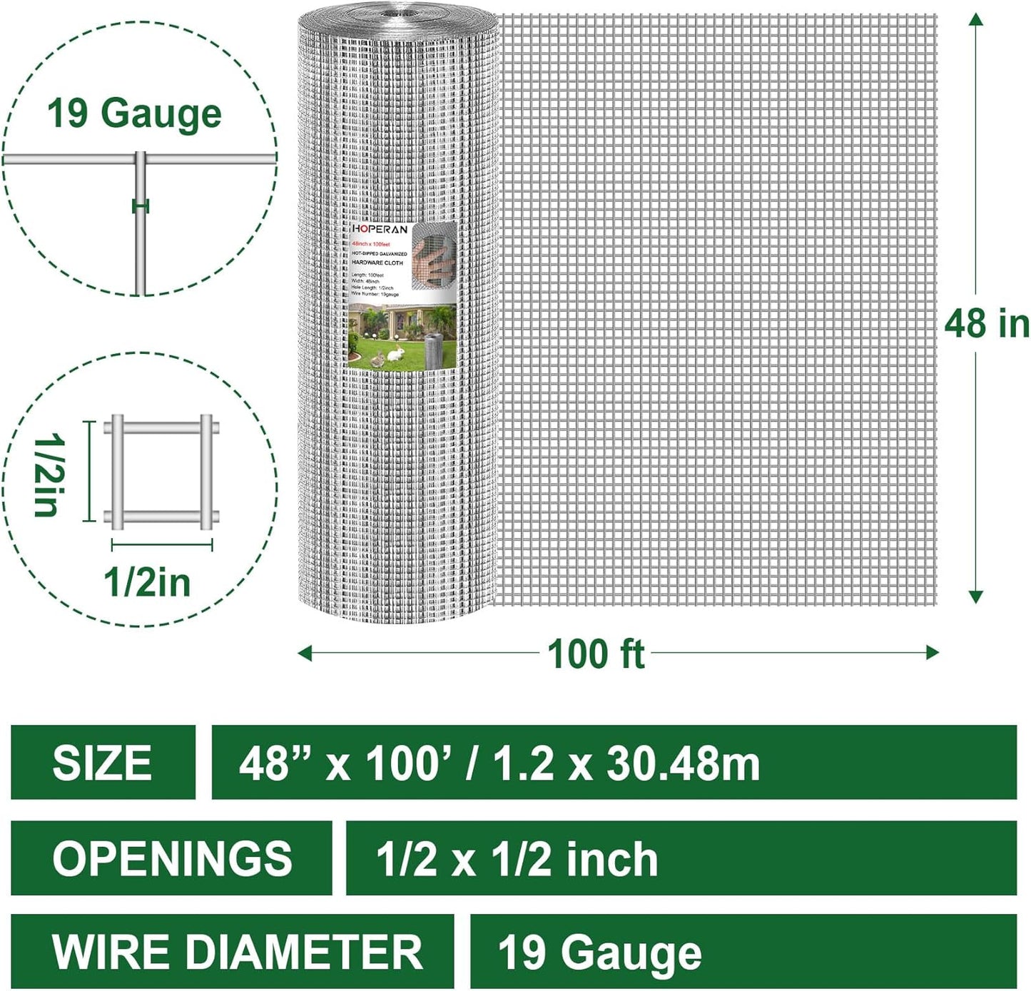 HOPERAN Hardware Cloth 1/2 Inch 48 x 100 ft - 19 Gauge Chicken Wire Fencing, Galvanized Wire Mesh Roll, Welded Wire Fence, Chicken Coop Wire Fence Gopher Wire Rabbit Wire Poultry Netting Cage