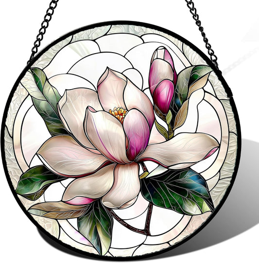 Stained Glass Window Hanging - Pink Magnolia Flower Petal Suncatcher for Doors Window Home Sun