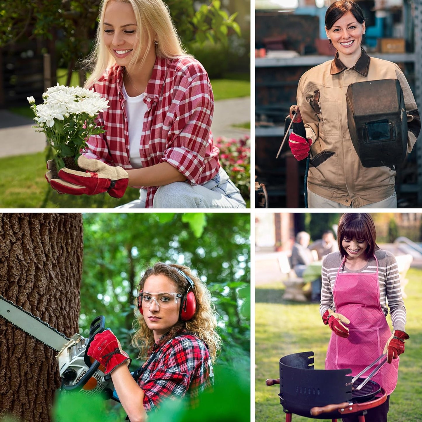Leather Work Gloves for Women, Large Glove for Gardening, Tig/Mig Welding, Construction, Chainsaw, Farm, Ranch, etc. Cowhide, Cotton Lined, Utility, Firm Grip, Durable. Rose Red - Grey L