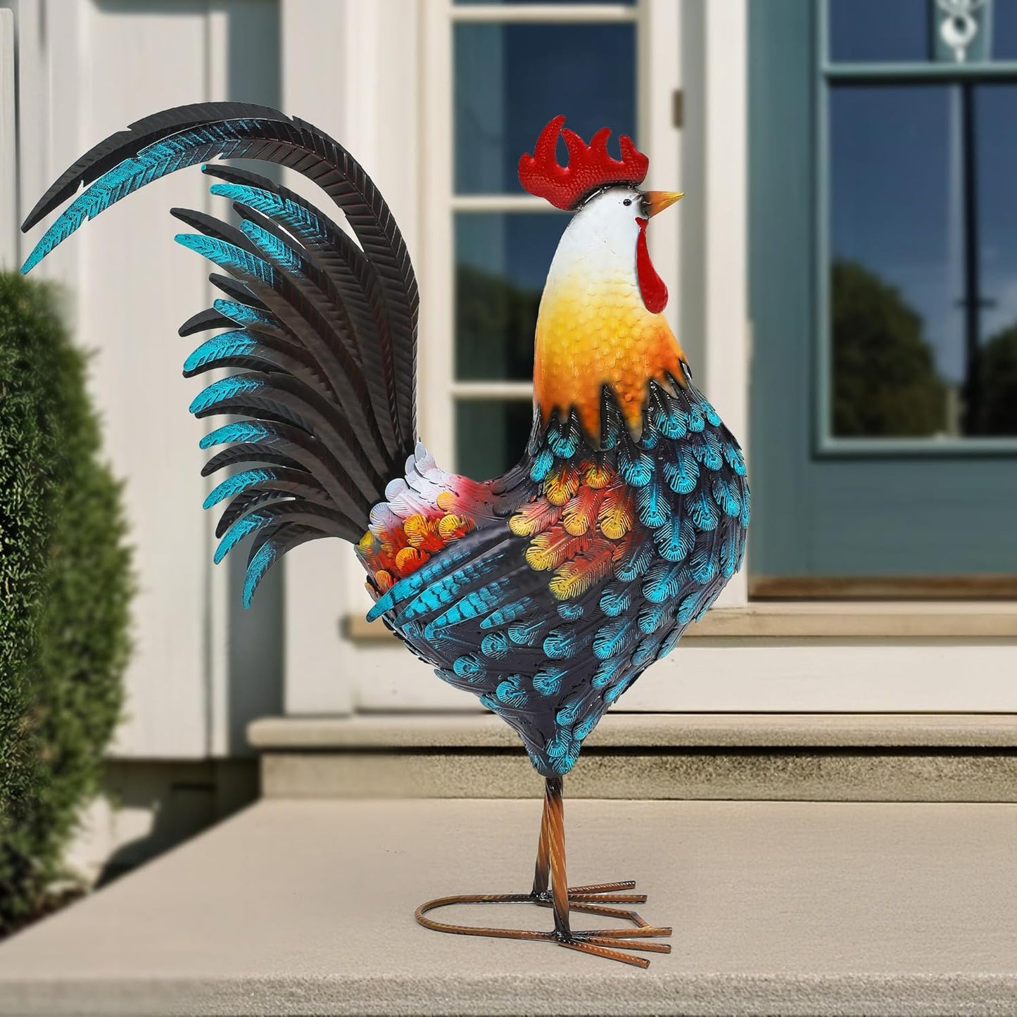 32" Metal Rooster Decor, Outdoor Garden Statues, Metal Chicken Sculpture for Backyard Patio Kitchen Decor