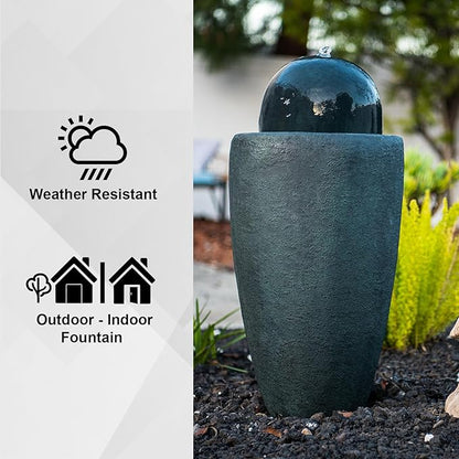 XBrand 25.98" H Round Stone Indoor/Outdoor Modern Stone Textured Sphere Water Fountain w/LED Lights, Ball Fountain Decor, Dark Green