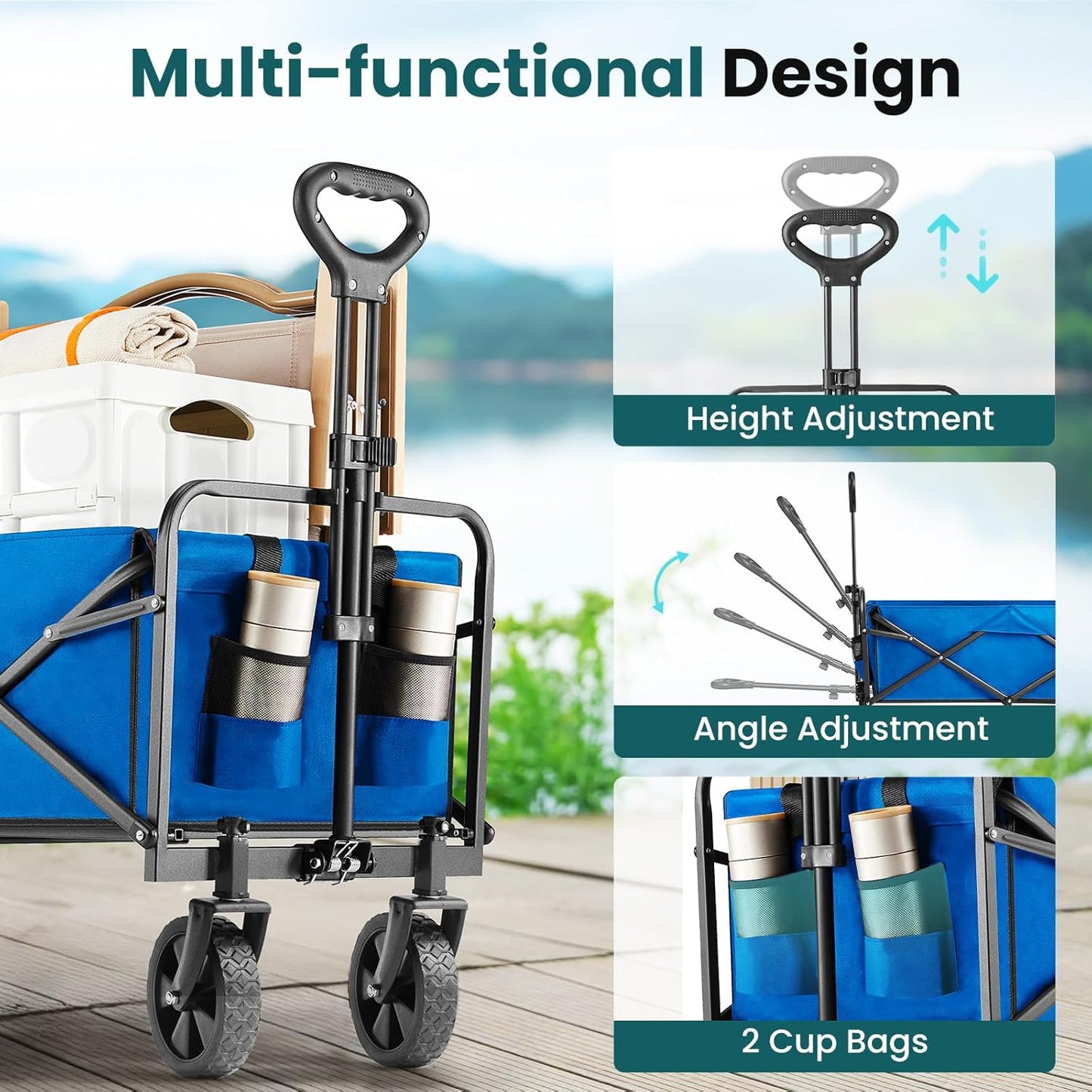OLIXIS Wagon Cart, Heavy Duty Collapsible 400 lbs Large Foldable Wagons Carts with Wheels Smooth Maneuverability for All-Terrain, Suitable for Gardening, Camping, Beach, Bluecolor