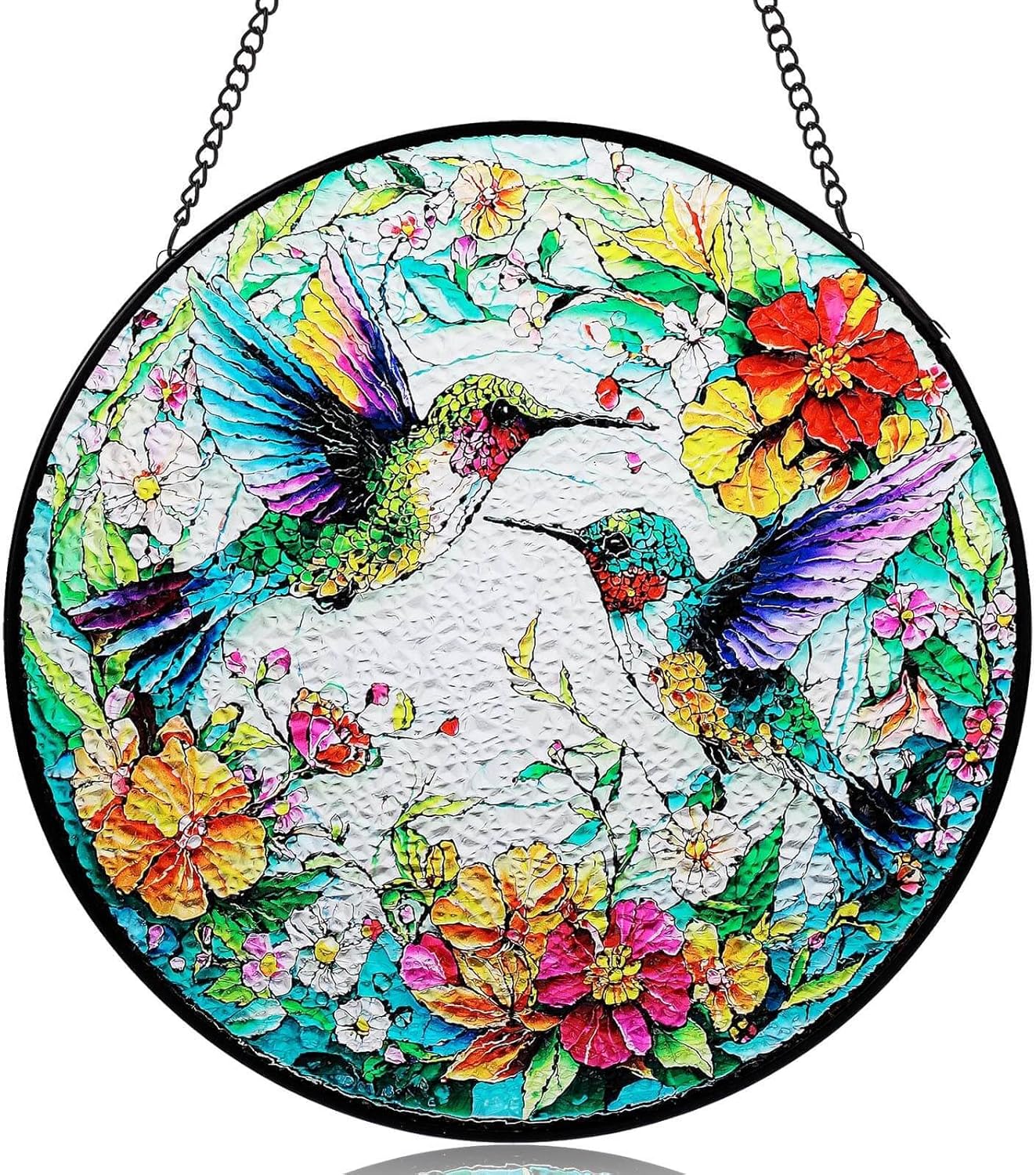 Hummingbird Suncatcher Stained Glass Window Hanging | 7.87" Round Sun Catchers Indoor Window Decor Outdoor Garden & Wall | Stain Glass Sun Catcher Gifts for Women & Bird Lovers
