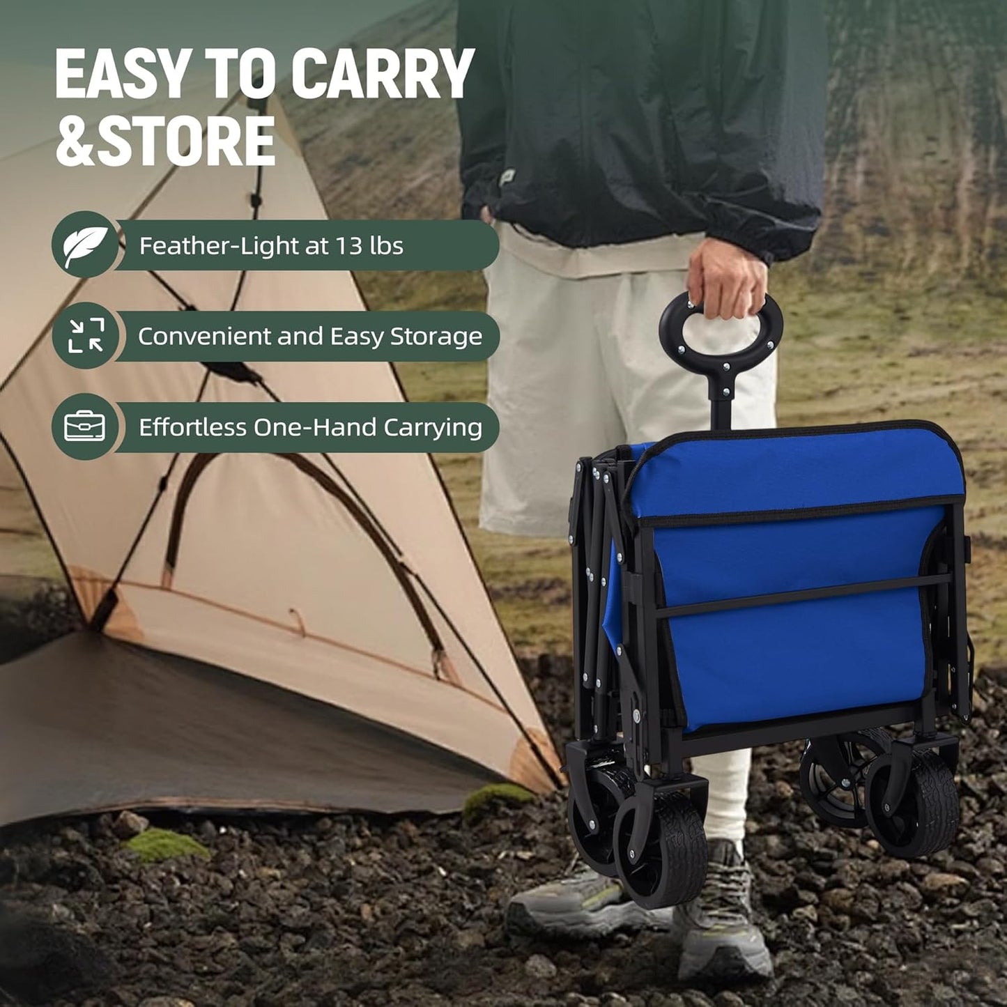 40'' Extra Long Collapsible Wagons Carts Foldable, 360LBS Foldable Wagon Cart with Wheels, Heavy Duty Portable Utility Wagon for Grocery, Shopping, Sports Garden & Camping - Navy Blue