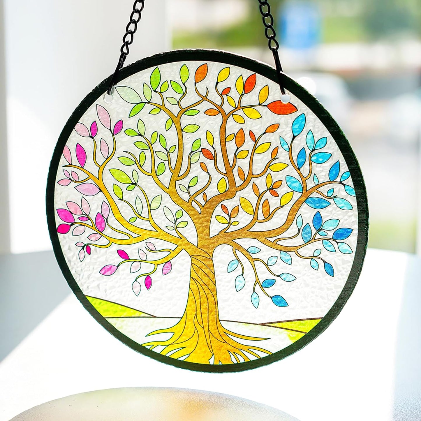 Kanpura Tree of Life Stained Glass Suncatcher Colorful Leaves Suncatchers for Window Hanging Stained Glass Panel Decor for Women (6.3 Inch)