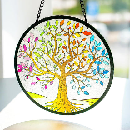 Kanpura Tree of Life Stained Glass Suncatcher Colorful Leaves Suncatchers for Window Hanging Stained Glass Panel Decor for Women (6.3 Inch)