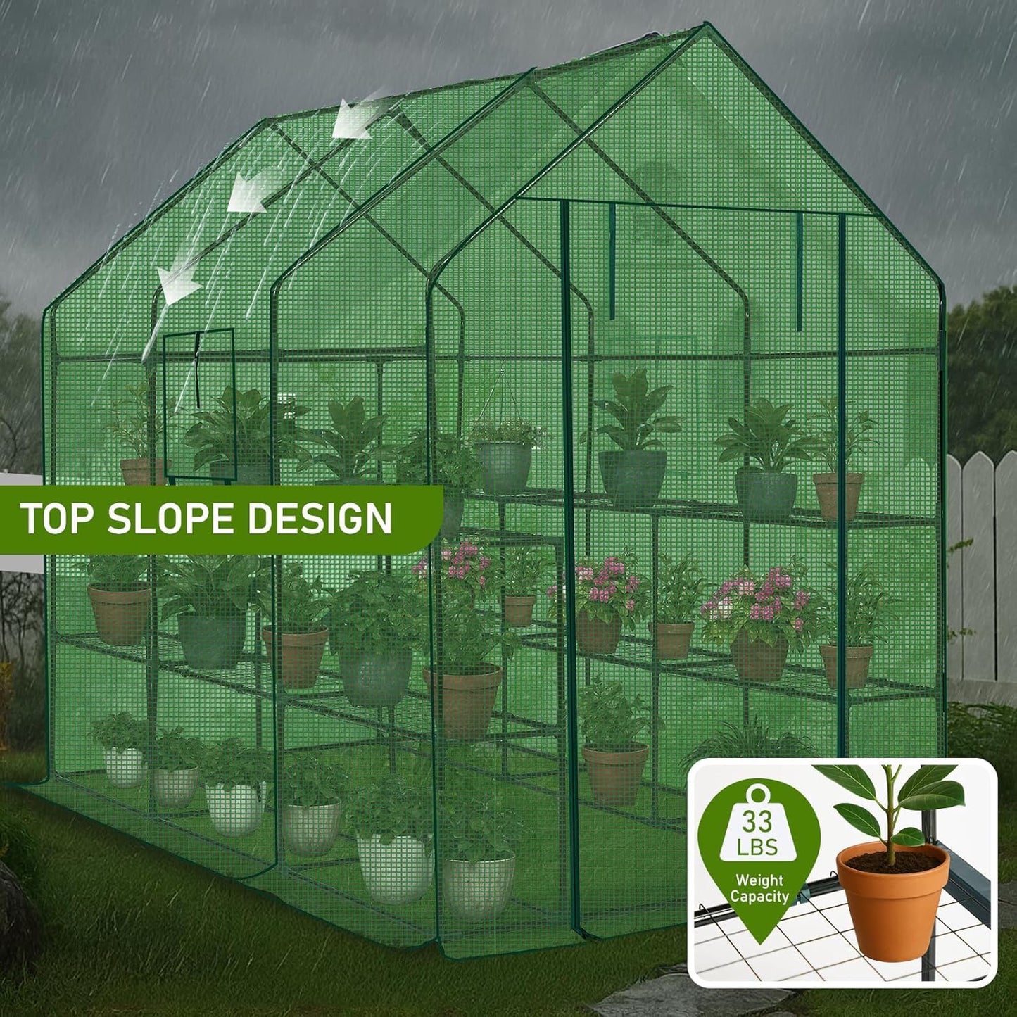Outvita Walk-in Greenhouse, Outdoor Durable PE Plant Green House for Frost Protection with 3 Tiers 12 Shelves, Shelf Clips, Roll-up Zipper Door, 56"x85"x77" Green