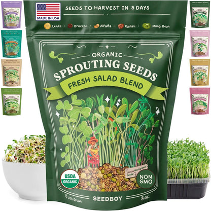 Seedboy Organic Non-GMO Sprouting Seeds, Fresh Salad Blend – USA Grown Microgreens Mix with Alfalfa, Broccoli, Radish, Mung Bean & Lentil – 8 oz Bag Makes 8 Quarts / 24 Servings (Salad Blend)
