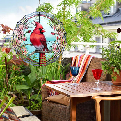 3D Cardinal Wind Spinner 3D Bird Spinners with Flower for Yard and Garden 3D Stainless Steel Cardinal Spinner with Unique Visual Effect Perfect Garden Decoration and Gift 10Inch