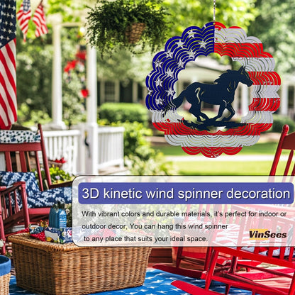 3D Patriotic Horse Wind Spinner Decor - 12 Inch Metal Garden Art, Rust-Proof Outdoor Hanging Decorations, Patriotic American Flag Design, for Horse Lovers(Horse)